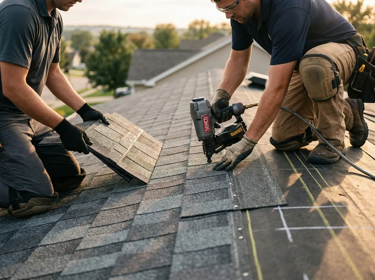 Professional roofer working on a residential roof in East Allen